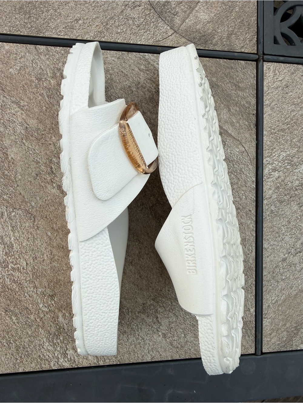 Birkenstock White Madrid EVA Slide Sandals with Tan-Gold Big Buckles - Picture 9 of 10